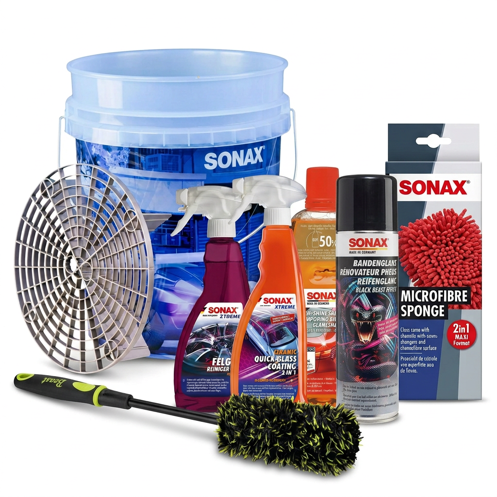 Visuel du bundle Sonax avec la brosse Beast corrigée et les sept composants